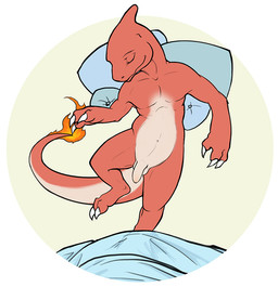 anthro bed biped casual_nudity eyes_closed fire flaccid flaming_tail foreskin...