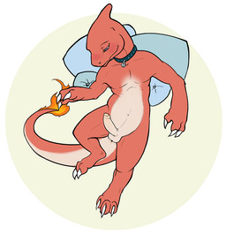 anthro anus bed biped blush collar erection eyes_closed fire flaming_tail for...