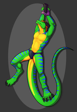 4_toes anthro anus arms_above_head biped bound bulge claws clothed clothing d...