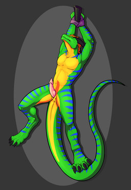 4_toes animal_genitalia anthro anus arms_above_head biped bound claws clothin...