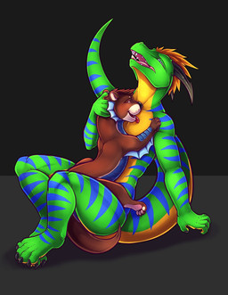 anthro arm_fin blue_body blue_scales brown_body brown_fur claws duo feral fin...