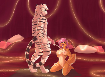 anthro black_body black_fur bodily_fluids breasts brown_body brown_fur cum cu...