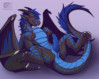 animal_genitalia anus black_body black_skin blue_eyes blue_hair blue_markings...