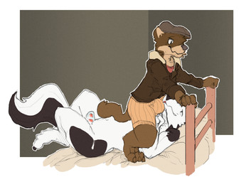 anthro bed black_body black_fur bottomwear brown_body brown_fur bulge chastit...