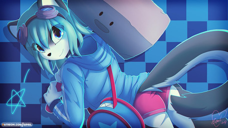 alternate_species bag blue_eyes butt butt_pose checkered checkered_background...
