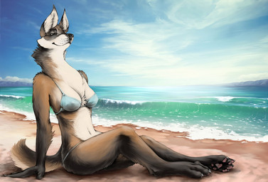 4_toes anthro arm_support beach bikini biped black_nose bra breasts brown_bod...