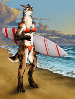 4_toes 5_fingers anthro beach beverage bikini biped breasts brown_body brown_...