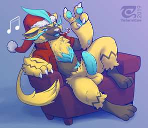 anthro balls blue_eyes candy candy_cane christmas_clothing christmas_headwear...