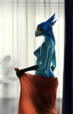 5_fingers anthro beak biped black_markings blue_body blue_eyes blue_feathers ...