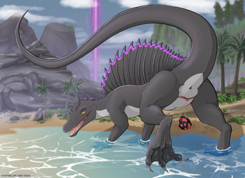 beach belly black_body black_scales butt egg feet female feral genitals membr...