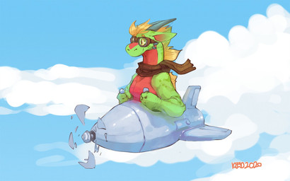 aircraft airplane anthro blonde_hair cloud eyewear flying goggles green_body ...