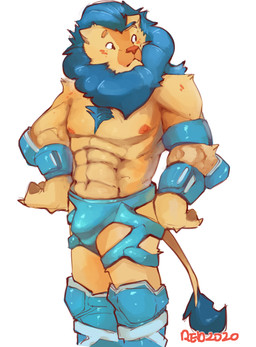 abs anthro armor blue_clothing blue_hair blue_mane blue_underwear boots bulge...