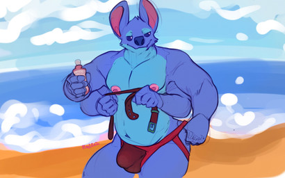 4_arms 5_fingers anthro anthrofied beach belt belt_buckle blue_body blue_eyes...