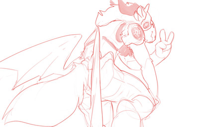 anthro butt_wings chest_tuft crouching gesture hair hand_gesture hand_on_knee...