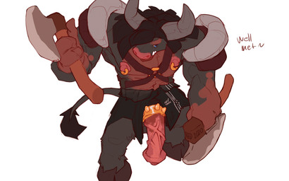 accessory animal_genitalia animal_penis anthro armor axe black_bottomwear bla...