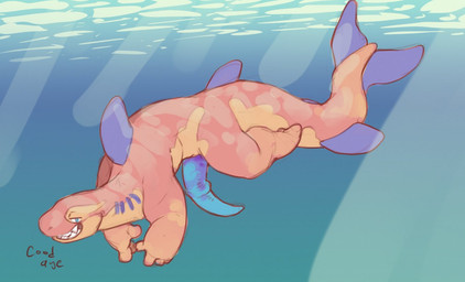 anthro blue_eyes blue_fin blue_gills blue_penis dialogue fin genitals gills l...