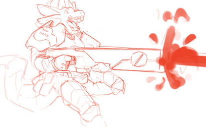 angry anthro armor belt belt_pouch clothed clothing fire_warrior firing_weapo...