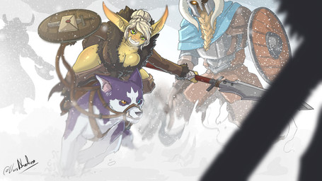 battle bent_over big_breasts big_ears breasts cleavage clothed clothing femal...