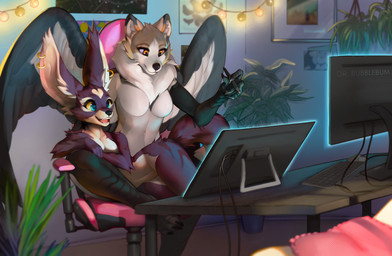 anthro anthro_on_anthro claws computer detailed_background drawing_tablet duo...