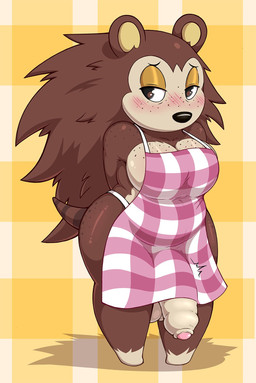 anthro apron apron_only balls big_breasts big_penis blush breasts clothed clo...