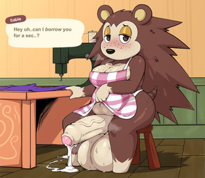 anthro apron apron_lift apron_only balls big_balls big_breasts big_penis blus...