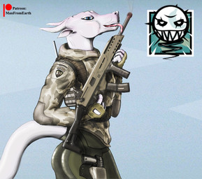 anthro blue_eyes butt clothing female gun horn looking_at_viewer patreon_logo...