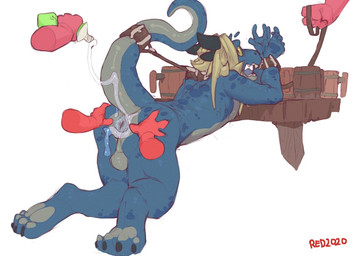 ambiguous_gender anthro anus backsack balls bent_over blue_body blue_scales b...
