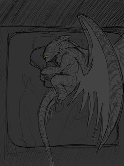 ambiguous_gender bed dark dark_body depression feral furniture grey_backgroun...