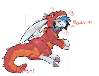 animal_hood animal_onesie anthro blue_hair blush clothing feathered_wings fea...