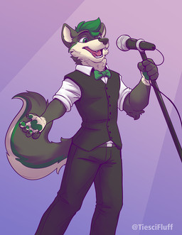 anthro black_body black_fur bow_tie clothing electronics fur green_body green...