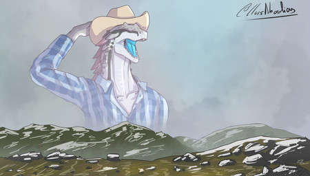 blue_clothing blue_tongue clothed clothing cowboy cowboy_hat detailed_backgro...