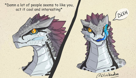 anthro blue_tongue bodily_fluids dialogue eye_licking grey_body humor licking...