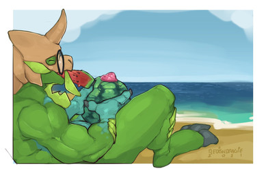 anthro beach blue_body blue_scales bone claws eating eyes_closed eyewear fing...