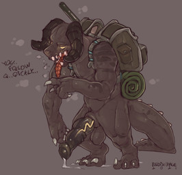 animal_genitalia animal_penis anthro backpack balls bedroll black_horn black_...