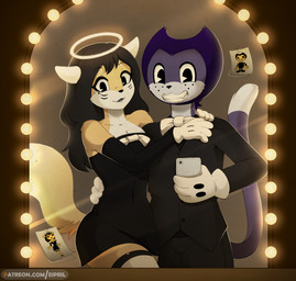 anthro black_body bow_tie boyfriend/girlfriend breasts cellphone clothed clot...