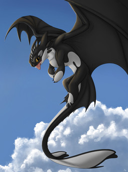 black_body blue_sky brown_eyes claws cloud detailed_background feral flying h...
