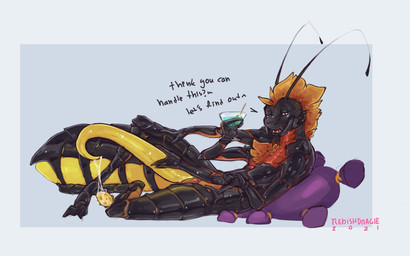 4_arms 6_limbs alcohol antennae_(anatomy) anthro arthropod_abdomen beckoning ...