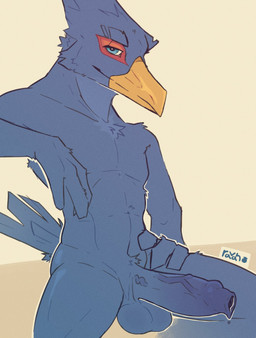 anthro balls beak blue_body blue_eyes erection feathers foreskin genitals hum...