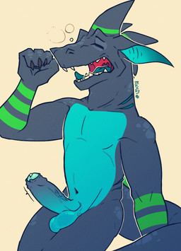 anthro balls erection eyes_closed foreskin genitals humanoid_genitalia humano...