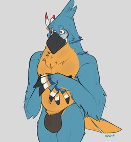 anthro beak bulge clothed clothing feathers hands_folded male nipples shy sim...