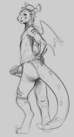 anthro barely_contained butt clothed clothing curved_horn digitigrade erectio...