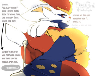 anthro blush butt cumlube dialogue fur genitals lying male multicolored_body ...