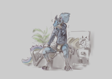 accessory alarm_clock anklet anthro bed bedside_table black_claws black_horn ...