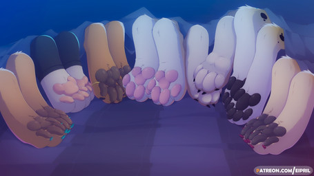ambiguous_gender anthro barefoot bedding black_pawpads black_paws blanket blu...