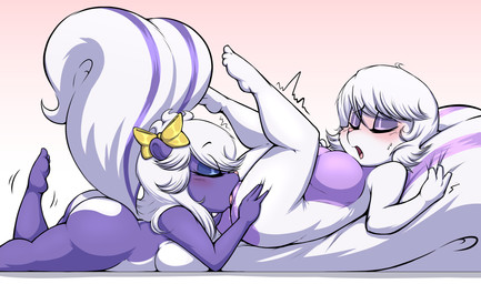 anthro big_breasts big_tail blush breast_squish breasts butt cunnilingus duo ...