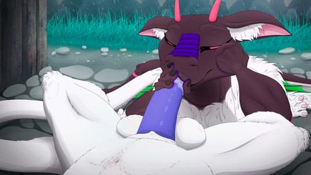 4_fingers balls belly black_lips bodily_fluids bulge butt claws curved_horn c...