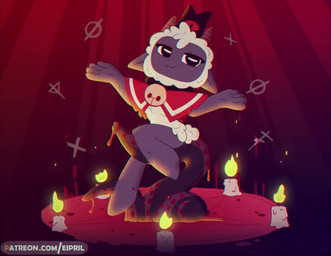 2_horns 4_fingers anthro bell bell_collar black_eyes bouncing breasts candle ...
