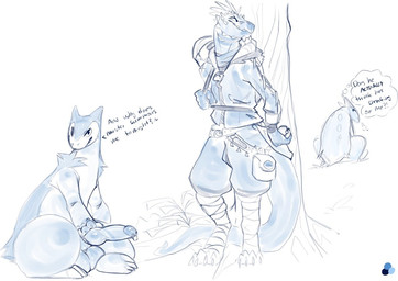 anthro arm_tuft backpack bag balls behind_tree belt big_balls big_penis bodil...