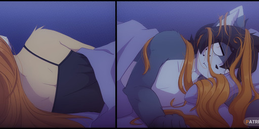 annoyed anthro bed black_hair blue_body blue_fur boyfriend/girlfriend clothed...