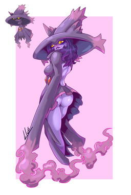blush border breasts butt female hair looking_at_viewer pokemorph purple_back...